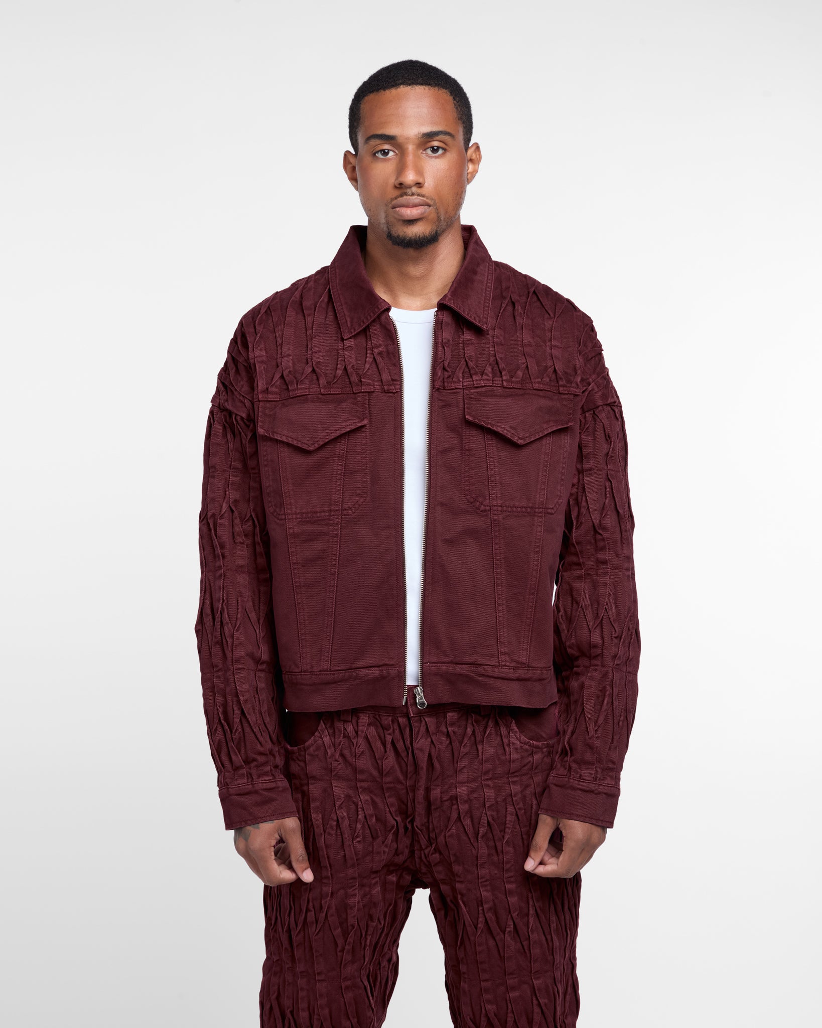 Pintuck Denim Jacket (Burgundy)