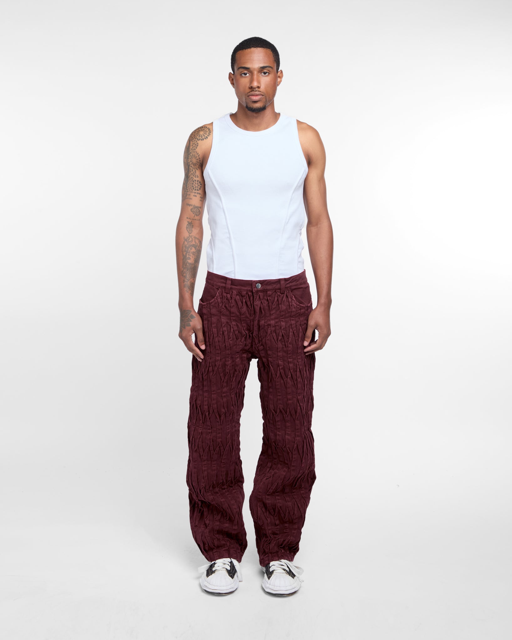 Pintuck Denim Trousers (Burgundy)