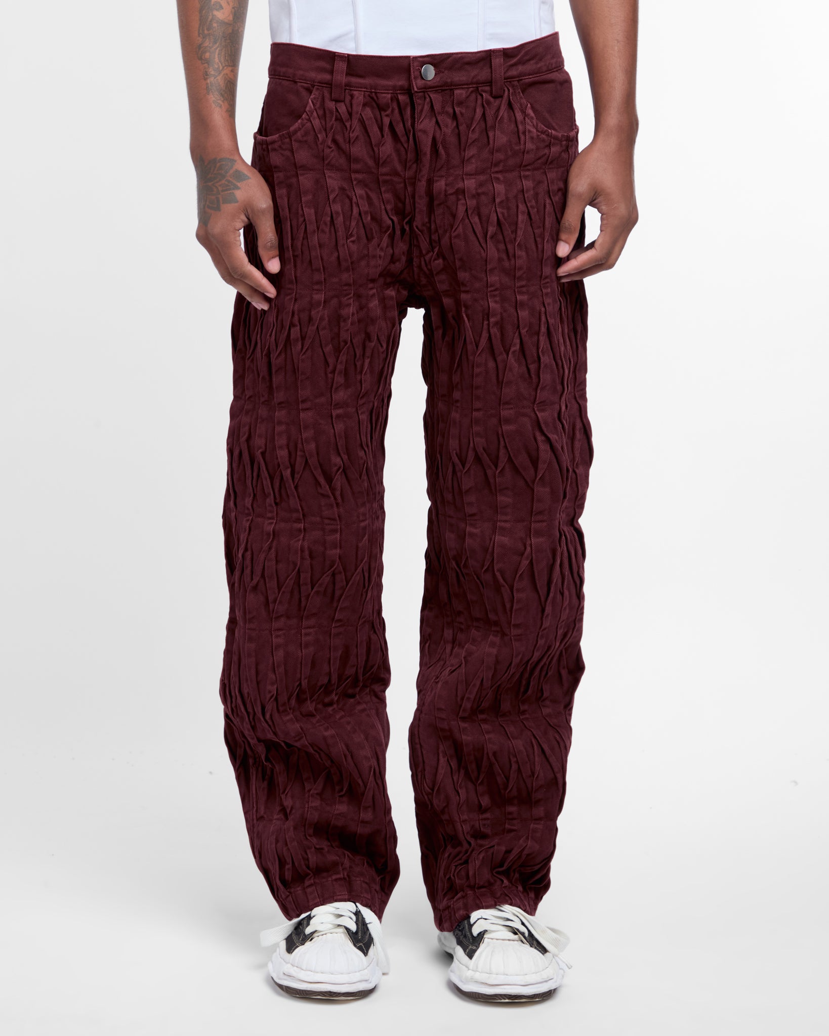 Pintuck Denim Trousers (Burgundy)