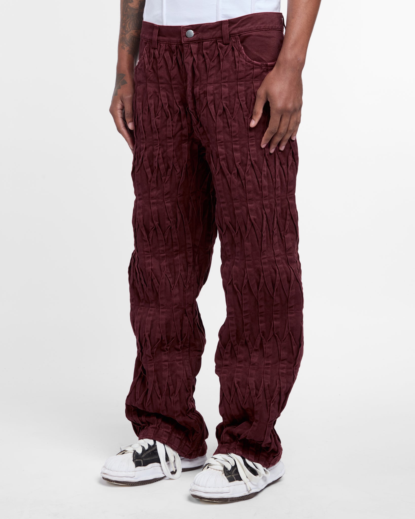 Pintuck Denim Trousers (Burgundy)