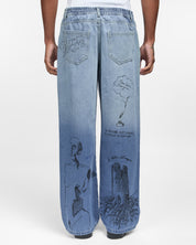 Sketch-Print Denim Pants