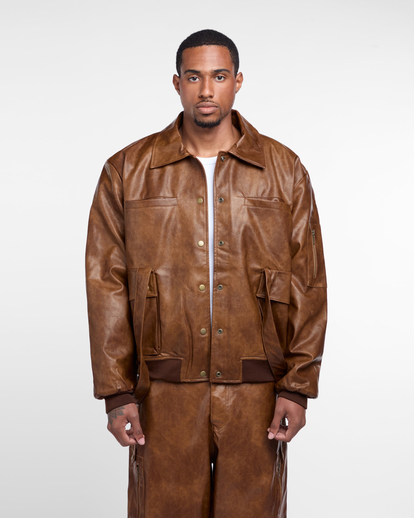 Military Vegan Leather Jacket (Brown)