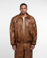 Military Vegan Leather Jacket (Brown)