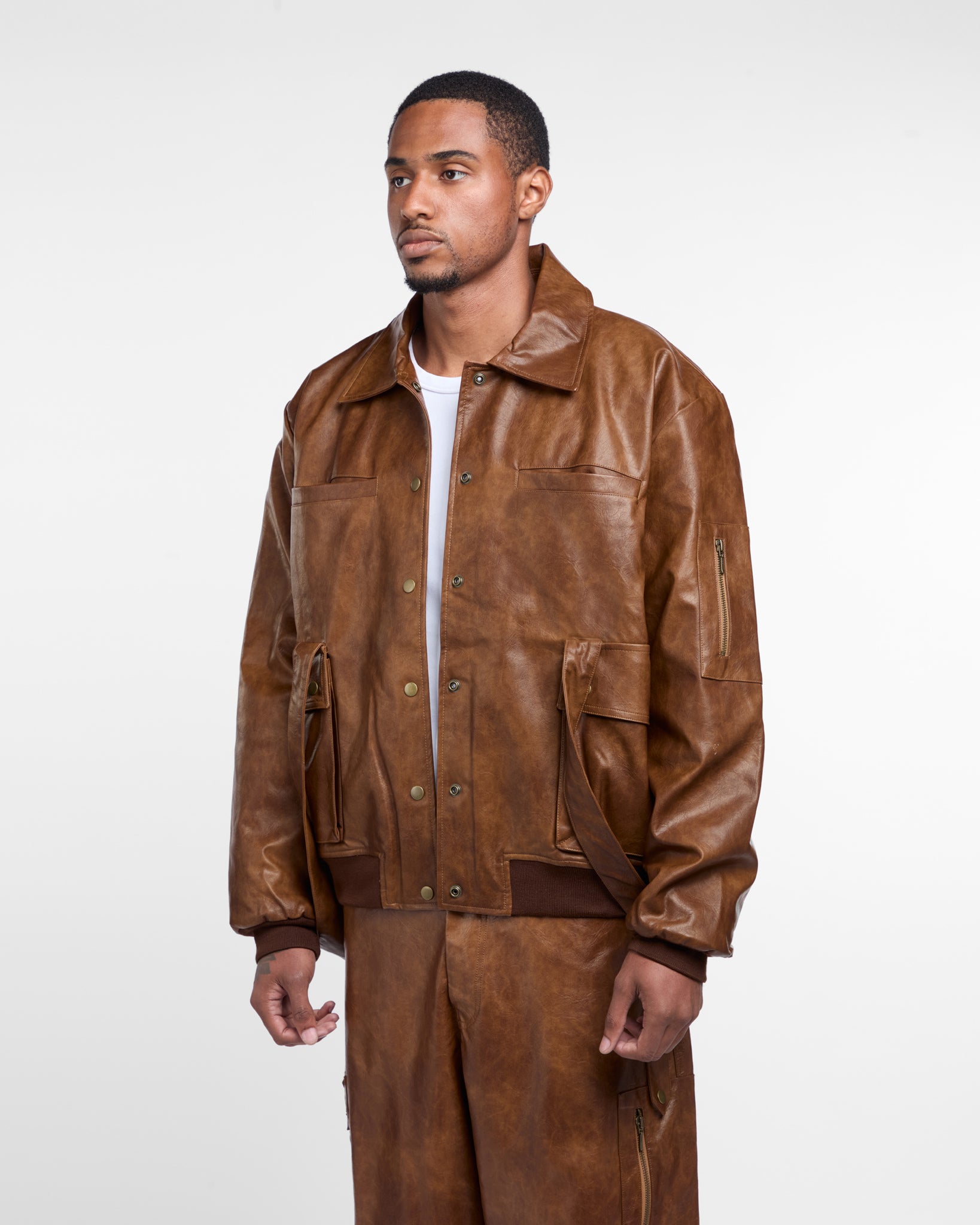 Military Vegan Leather Jacket (Brown)