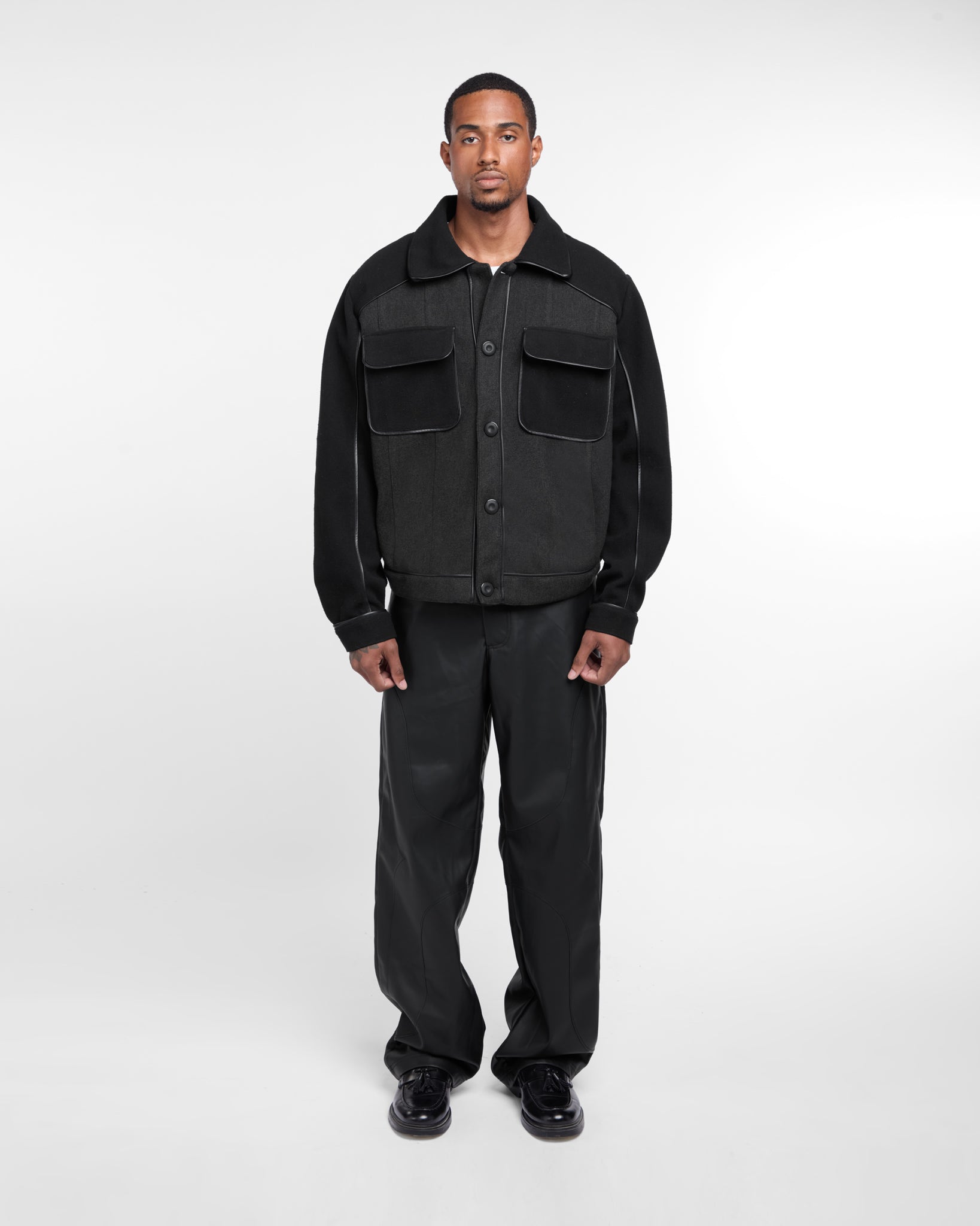 Cloth Leather Stripes Jacket (Black)