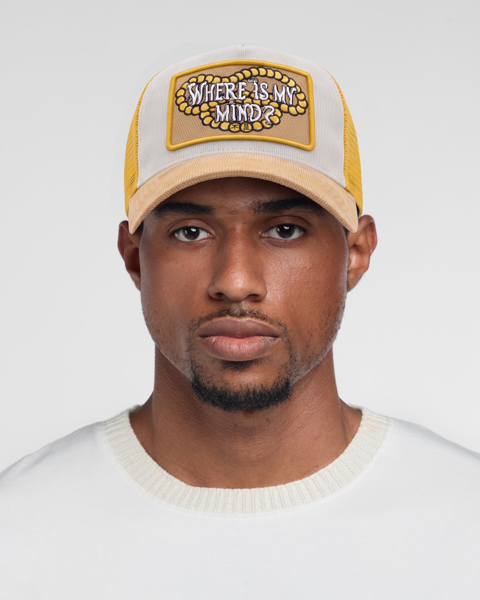 Where Is My Mind Trucker Hat (Grey/Yellow)