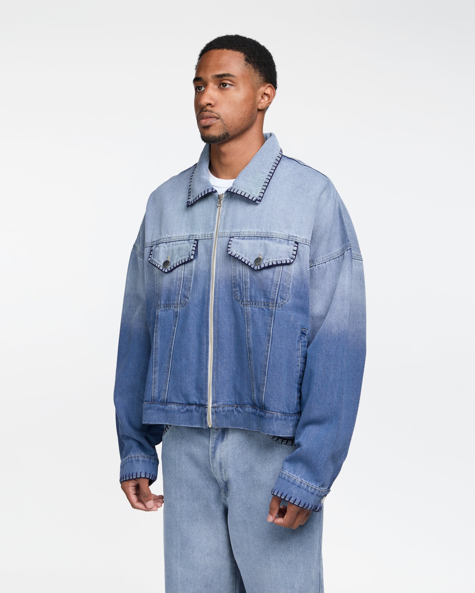 Hand-Embroidered Distressed Denim Jacket