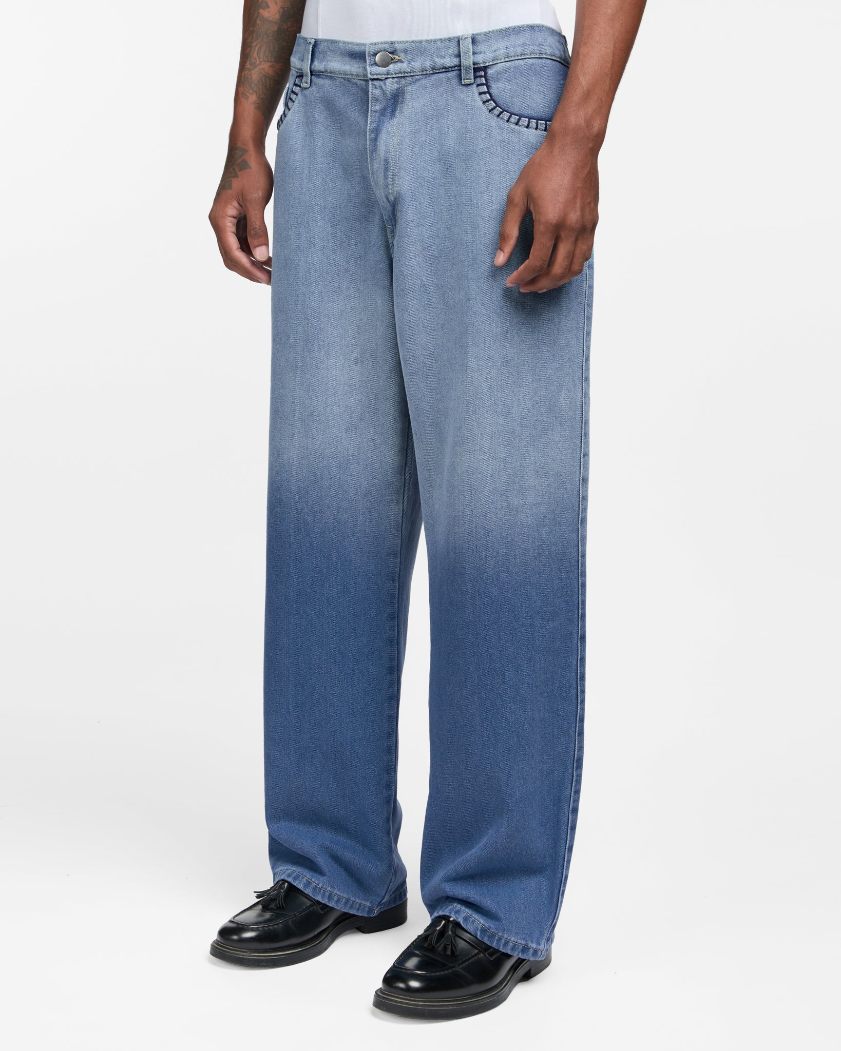 Hand-Embroidered Distressed Denim Pants