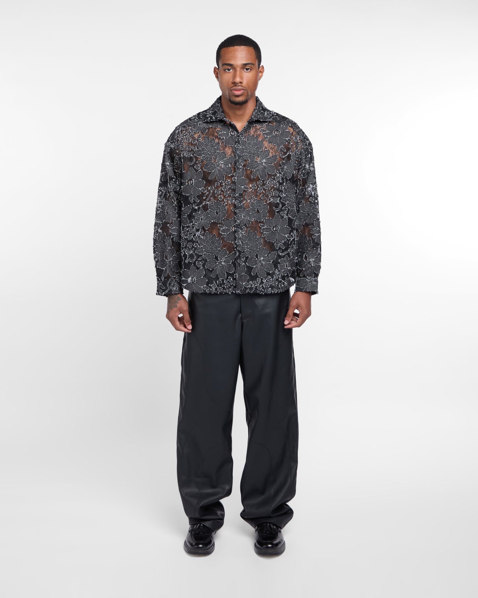 Lace Long Sleeve Button Down Shirt (Black)